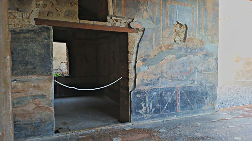 VI.16.7 Pompeii. December 2019.
Looking towards west wall in south-west corner of peristyle, with doorway to room Q, on left. Photo courtesy of Giuseppe Ciaramella.