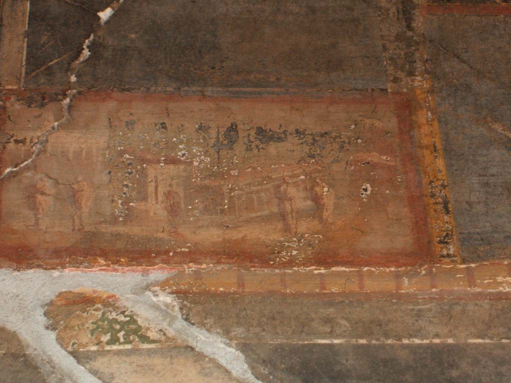 VI.16.7 Pompeii. May 2006. Upper west wall of room F, west portico.
Wall painting of landscape with worshippers at a temple and a sacred grove, from above doorway to room Q.