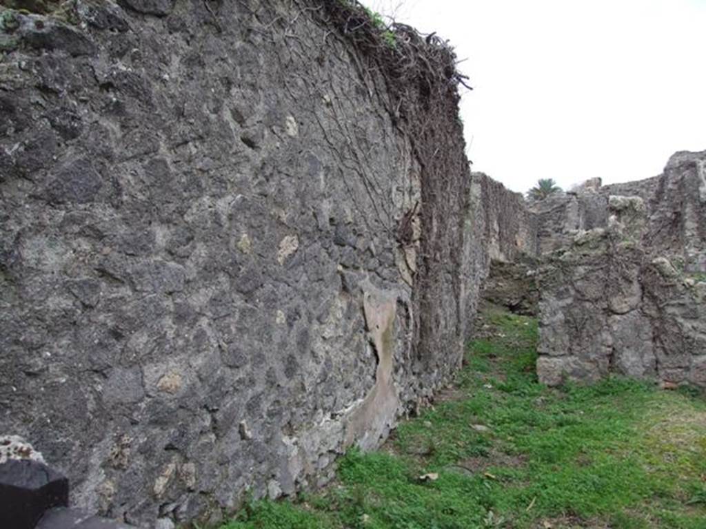 VI.16.11 Pompeii. December 2007. South wall and corridor leading to rear. According to Liselotte Eschebach, on the left, this wall used to have a base for a staircase to the upper floor against it. See Eschebach, L., 1993. Gebäudeverzeichnis und Stadtplan der antiken Stadt Pompeji. Köln: Böhlau. (p.227). According to NdS, beside the south wall at the entrance doorway to the shop was an independent staircase accessed from a step and with a lava threshold from the street. This led to the above rooms. See Notizie degli Scavi di Antichità, 1908, p. 58.