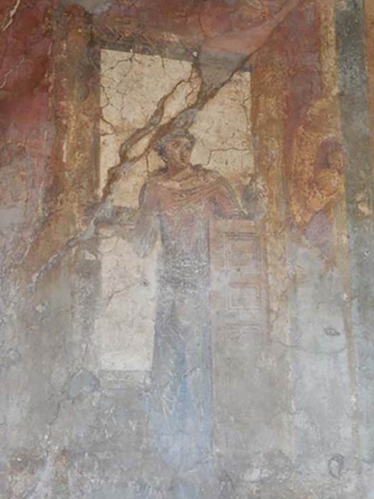 VI.16.15 Pompeii. May 2015. Detail of wall painting of woman with patera, making an offering. From south end of upper west wall of atrium B. Photo courtesy of Buzz Ferebee.