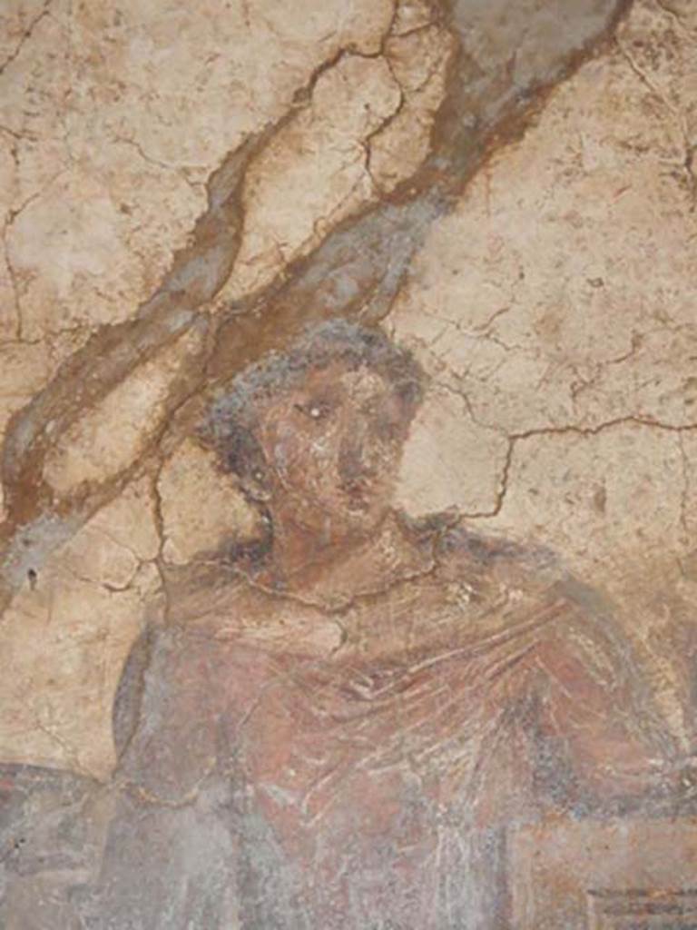 VI.16.15 Pompeii. May 2015. Detail of wall painting of woman with patera. Photo courtesy of Buzz Ferebee.