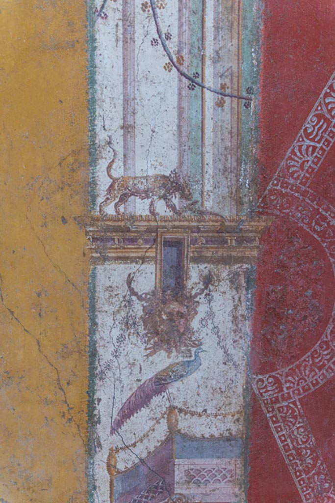VI.16.15 Pompeii. January 2024.
Room F, detail from west wall at north end. Photo courtesy of Johannes Eber.