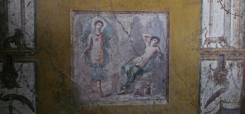 VI.16.15 Pompeii. December 2023. West wall of room F, central wall painting of Selene and Endymion. Photo courtesy of Miriam Colomer.