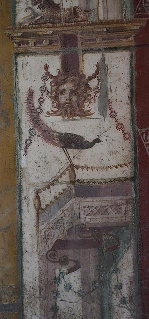 VI.16.15 Pompeii. December 2023.
Detail from south end of central painting on east wall of room F.
Photo courtesy of Miriam Colomer.