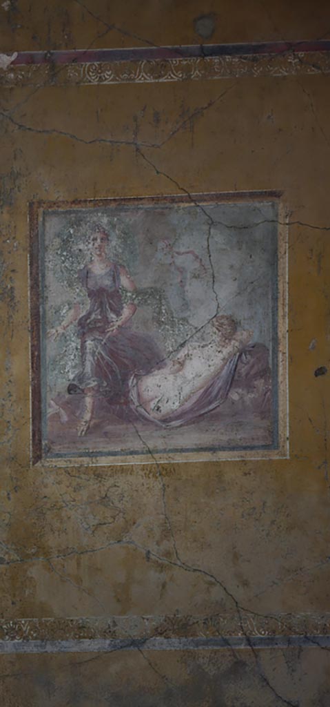 VI.16.15 Pompeii. December 2023.
Room F, central painting of The Sleeping Ariadne, from east wall.
Photo courtesy of Miriam Colomer.