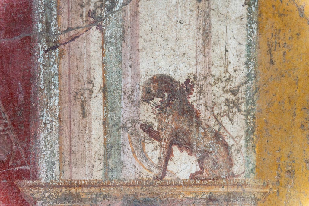 VI.16.15 Pompeii. January 2024.
Room F, detail of panther from north end of central painting on east wall. Photo courtesy of Johannes Eber.