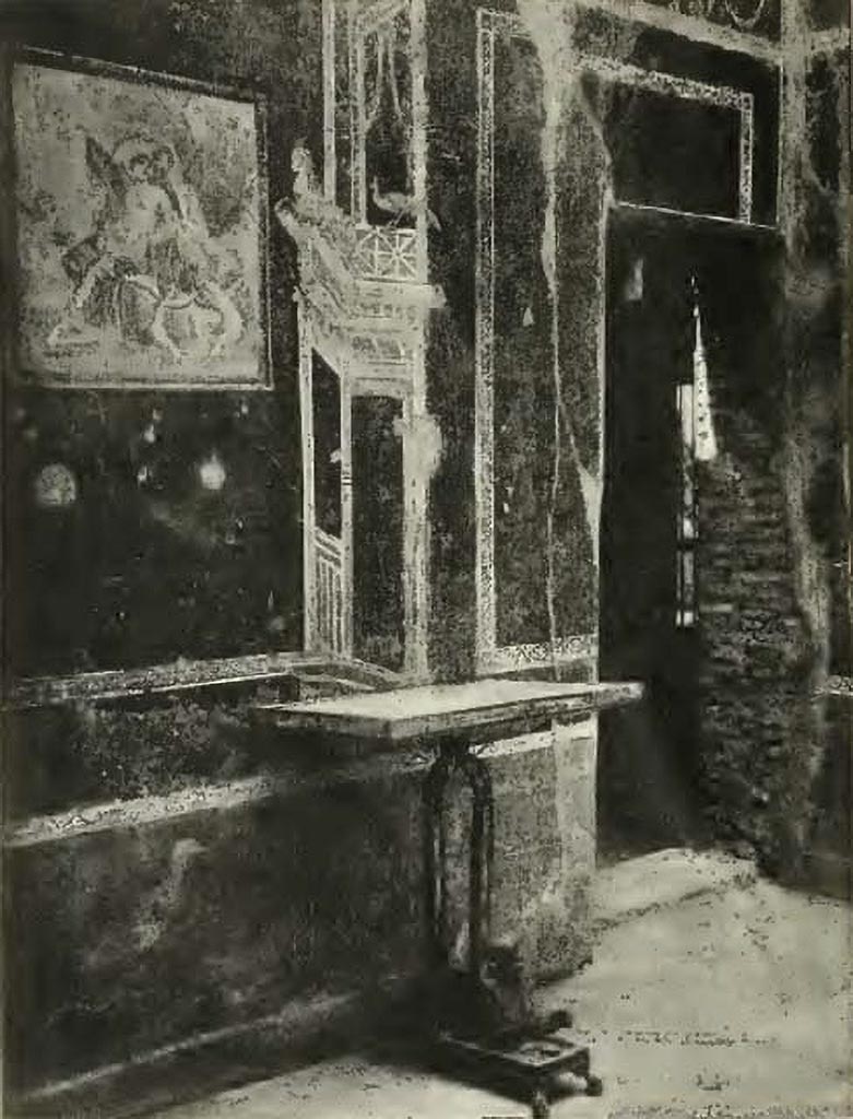 VI.16.15 Pompeii. 14 Oct 1904. North wall of room G, and doorway to south-west corner of atrium.
NdS 14 ott 1904, VI, xvi, 15, G;
“Nel medesimo ambiente e propriamente a destra dell’ingresso si rinvenne nel giorno 14 ottobre 1904 il bel tavolo di marmo con cornice e piede di bronzo, pub¬blicato e illustrato dall’ispettore dott. G. Spano (Rendic. della R. Accad. dei Lincei, vol. XIV, fasc. 8°, 1905, pag. 215 sgg.).” (MN 130860)
See Notizie degli Scavi di Antichità, 14th Oct 1904, VI, xvi, 15, G;
"In the same room and immediately to the right of the entrance was found on October 14th 1904 the beautiful marble table with bronze frame and foot, published and illustrated by the inspector dott. G. Spano (Rendic. of the R. Accad. of the Linceis, vol. XIV, fasc. 8°, 1905, pag. 215 sggs.)." (MN 130860)
See Notizie degli Scavi di Antichità, 1908, (p. 81)
See Spano G., in Rendiconti della Reale Accademia. dei Lincei, vol. XIV, fasc. 8°, 1905, pag. 215-227, figs 1-3.
Our thanks to Raffaele Prisciandaro for locating these references for us.