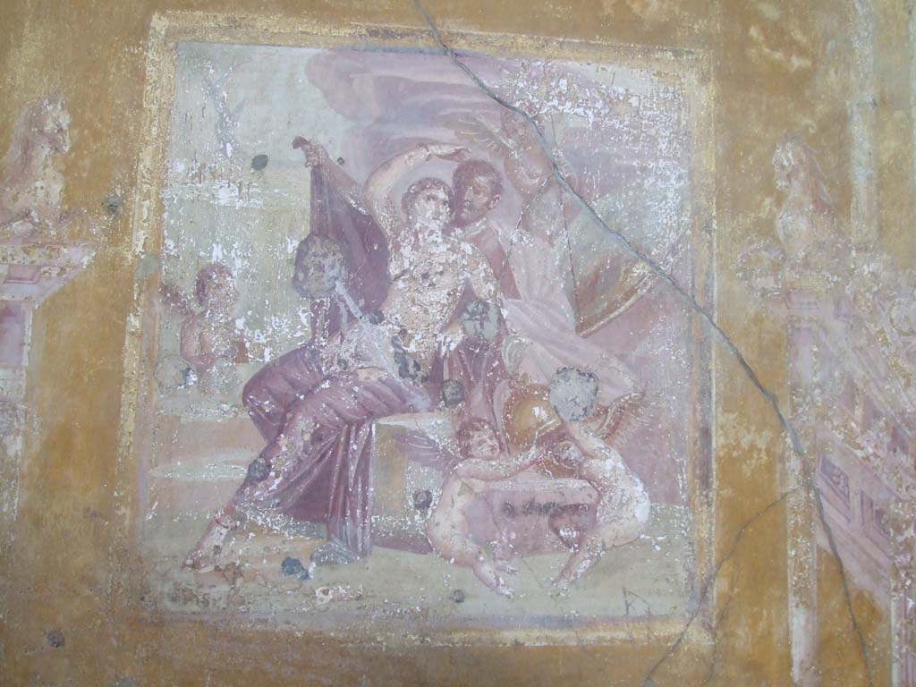 VI.16.15 Pompeii. December 2006. North wall of room G.
Wall painting of Ares and Aphrodite (Mars and Venus) in a group with cupids playing with the weapons of the god.
See Notizie degli Scavi di Antichità, 1908, p. 76, fig. 6.