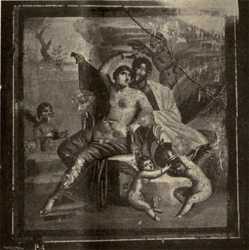 VI.16.15 Pompeii. 1908. North wall of room G.
Wall painting of Ares and Aphrodite (Mars and Venus) in a group with cupids playing with the weapons of the god.
See Notizie degli Scavi di Antichità, 1908, p. 76, fig. 6.