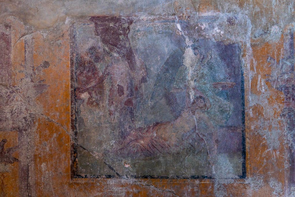 VI.16.15 Pompeii. January 2024.
Room G, central painting of the arrival of Dionysus on Naxos where Ariadne is sleeping, from west wall. Photo courtesy of Johannes Eber.
Kuivalainen describes –
“A composition of at least six figures; the two on the right are in an arching cave-like space, marked with dark brown. In the foreground, a female reclining to the right, raises her right arm to the top of her head as if awakening; a pink cloak covers her legs. Behind her stands a figure with green wings, dressed in a green robe, holding branches in her right hand and a large patera in her left. On the left side of the picture stands a youth stretching his right arm to the left, with a red cloak covering his left shoulder; in his left hand he holds a thyrsus. Behind are members of the thiasus, perhaps with Silenus on the left.”
Kuivalainen comments –
“Another version of the same theme, but Bacchus now seems to be paying less attention to the awakening Ariadne.”
See Kuivalainen, I., 2021. The Portrayal of Pompeian Bacchus. Commentationes Humanarum Litterarum 140. Helsinki: Finnish Society of Sciences and Letters, (p.148, E10).