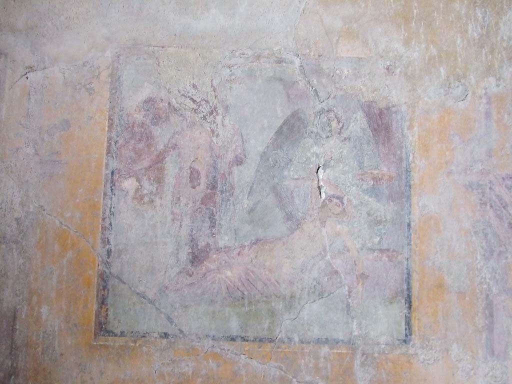 VI.16.15 Pompeii. December 2006.
West wall of room G with central wall painting of the arrival of Dionysus on Naxos where Ariadne is sleeping.