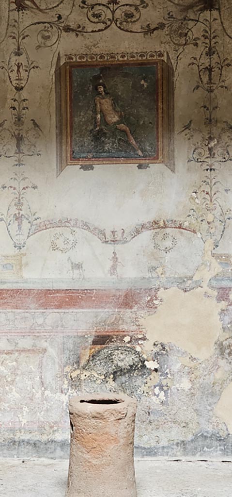 VI.16.15 Pompeii. December 2023.
Looking towards painted decoration on west side of atrium B.
Photo courtesy of Miriam Colomer.