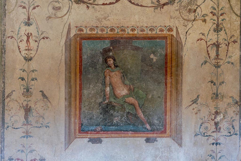 VI.16.15 Pompeii. January 2024. Wall painting of Narcissus on west wall of tablinum D. Photo courtesy of Johannes Eber.