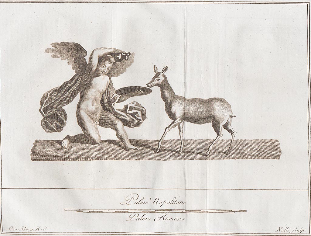 Irace property, Pompeii. Pre-1779.
Painting showing the Genius of Diana to whom the deer was sacred, described above as a young child giving a drink to a deer.
See Antichità di Ercolano: Tomo Setto: Le Pitture 5, 1779, (Tav. LX, p. 269).
