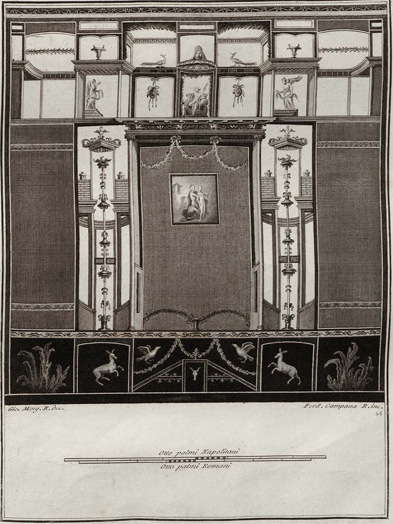 Irace property, Pompeii. Pre 1796. (also entered at VI.17.25?).
Painting of a wall with a central painting of Chiron playing his lyre to Achilles, the wall decorated with arabesques, figures and several animals.
See Gli ornati delle pareti ed i pavimenti delle stanze dell'antica Pompei incisi in rame: 1838, no. 48. 
Also in Gli Ornati, 1808, pt.2
Also in Gli Ornati, 1796, pt.1
According to PAH,
“un quadro che rappresenta un centauro in atto di suonare la lira, ed avanti a questo un fanciullo, il campo era d’aria. Sifatto dipinto era molto simile a quello pubblicato dagli Accademici Ercolanesi nel vol.1 delle pitture, rappresentante Chirone ed Achille, benche molto inferiore a quello nel merito, oltre all’essere molto patita: si riconobbe questa pittura essere stata transportata da altro luogo, e posta sul muro dove era stata trovata, dall’unione che vi si osserva intorno.”
(Trans: "A painting representing a centaur in the act of playing the lyre, and in front of him a young person, the background was in the open air.  This painting was very similar to that published by the Herculaneum Academics in vol.1 of the paintings, representing Chiron and Achilles, although much inferior than that of merit, in addition to it having suffered: it was recognized that this painting had been transported from another place, and placed on the wall where it had been found, from the join that is observed around it."
See Fiorelli G., 1860. Pompeianarum antiquitatum historia, Vol. 1: 1748 - 1818, Naples, Pars Prima, p.161-2.
