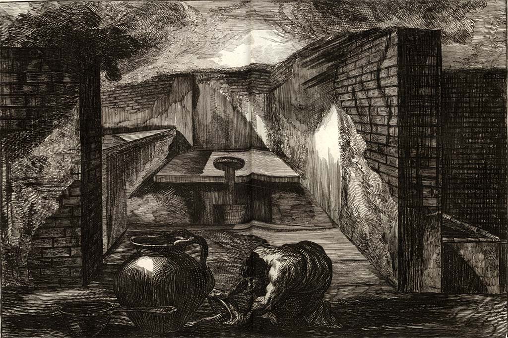 VI.17.1 Pompeii. Pre-1804. Drawing by Piranesi, looking towards latrine.
See Piranesi, F, 1804. Antiquités de la Grande Grèce : Tome I. Paris : Piranesi and Le Blanc. Vol. I, pl. XXXIII.