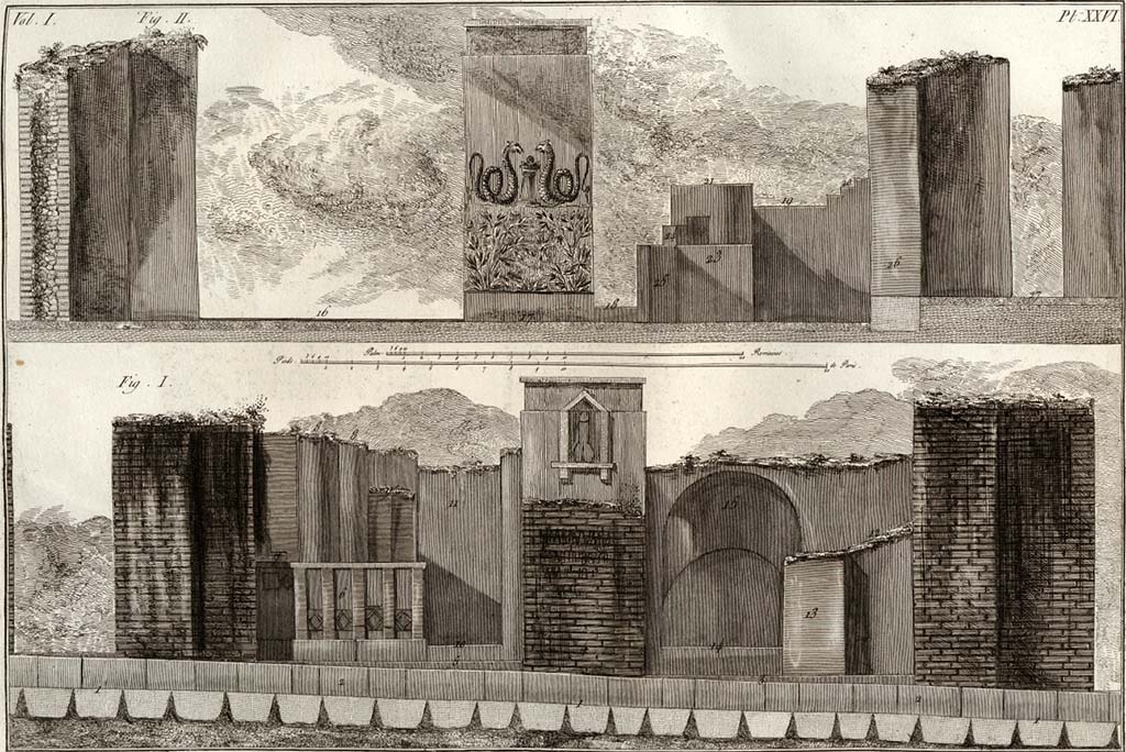 VI.17.4 left and VI.17.3 right, Pompeii, lower Fig. I, looking west from Via Consolare. Pre-1804.
Drawing by Piranesi, described as –
“Different sides and elevations to show the interior and exterior of the Bar with Phallus.”
The upper, Fig. II, is how he drew the interior, looking west towards Via Consolare.
See Piranesi, F, 1804. Antiquités de la Grande Grèce : Tome I. Paris : Piranesi and Le Blanc. Vol. I, pl. XXVI.