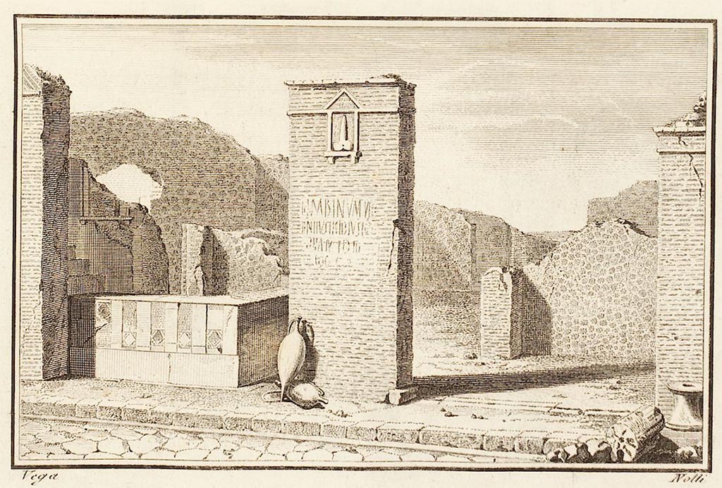 VI.17.4/3 Pompeii. 1771 drawing of entrances and plaque with electoral slogan underneath.
In AdE the location is described as near the gate and along the ancient road of this city.
See Antichità di Ercolano: Tomo Sesto: Bronzi 2 – Statue, 1771, vignette, p. 393.