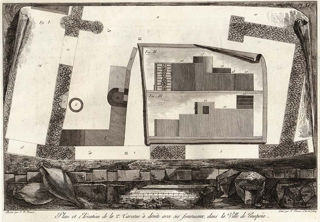 VI.17.5, on left, then VI.17.4 entrance doorway to bar room, and VI.17.3, centre right.
Pre-1778 drawing by J. B. Piranesi, engraved by F. Piranesi, published 1804.
See Piranesi, F, 1804. Antiquités de la Grande Grèce : Tome I. Paris : Piranesi and Le Blanc. Vol. I, pl. XXV.