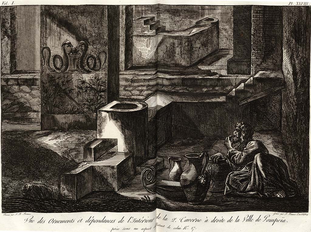 VI.17.4 Pompeii. Pre-1778 drawing by J. B. Piranesi, engraved by F. Piranesi, published 1804.
Looking east across rear of counter in bar room towards Via Consolare, and VI.1.5 on opposite side of road.
See Piranesi, F, 1804. Antiquités de la Grande Grèce : Tome I. Paris : Piranesi and Le Blanc. Vol. I, pl. XXVIII.