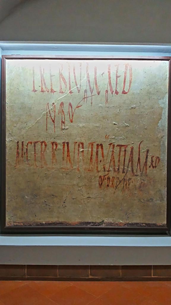 VI.17.7 Pompeii.
Fragment of plaster painted in red, found in the vicinity of VI.17.7 and VI.17.8.
On display in Naples Archaeological Museum, inv. 4673. Photo courtesy of Giuseppe Ciaramella, June 2017.