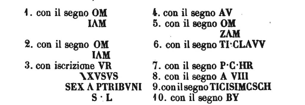 VI.17.7 Pompeii. According to Fiorelli, 2nd February 1771 –
We continued the excavation in the same dwelling and have emptied four rooms.
Opposite to the same dwelling we have discovered an entire room, that I am given to believe was a shop, where we have found 32 amphorae mainly broken.
10 of them have been sent to the Royal Museum, on each of which there was a sign in red and black letters.
See Fiorelli G., 1860. Pompeianarum antiquitatum historia, Vol. 1: 1748 - 1818, Naples, (Vol.1, part I, p. 249).