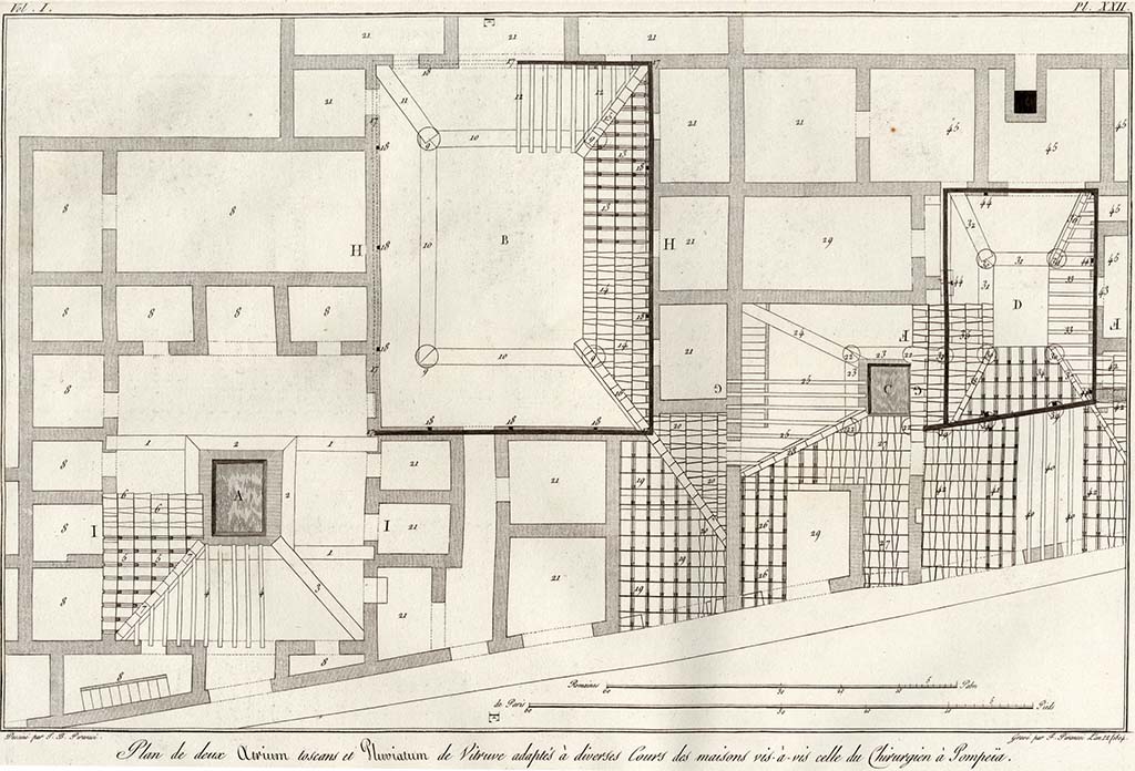 VI.17.10 and 9, Pompeii. Pre-1804.
Drawing by Piranesi of –
plan of atrium area, on left, linked to corridor leading to courtyard and rooms of VI.17.9, in house opposite the House of the Surgeon.
See Piranesi, F, 1804. Antiquités de la Grande Grèce : Tome I. Paris : Piranesi and Le Blanc. Vol. I, pl. XXII.