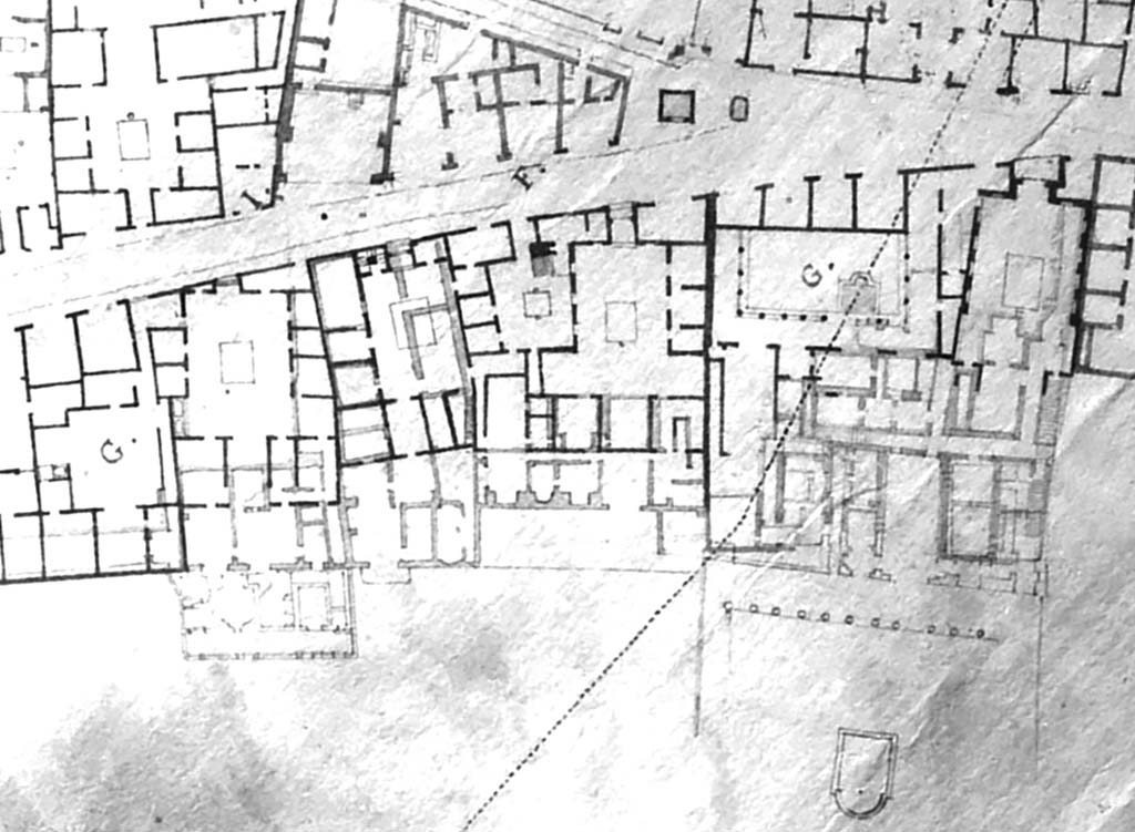 VI.17.9, on left with letter G, then 10, followed by 13, 16-17, and 23-25, on right.
Part of a plan by Francesco La Vega, c.1800-1810. Now in Naples Museum.
DAIR 76.1262. Photo © Deutsches Archäologisches Institut, Abteilung Rom, Arkiv.
According to Eschebach – this house was also known as the House with Three Atriums or House with Three Floors.
See Eschebach, L., 1993. Gebäudeverzeichnis und Stadtplan der antiken Stadt Pompeji. Köln: Böhlau. (p.235).

