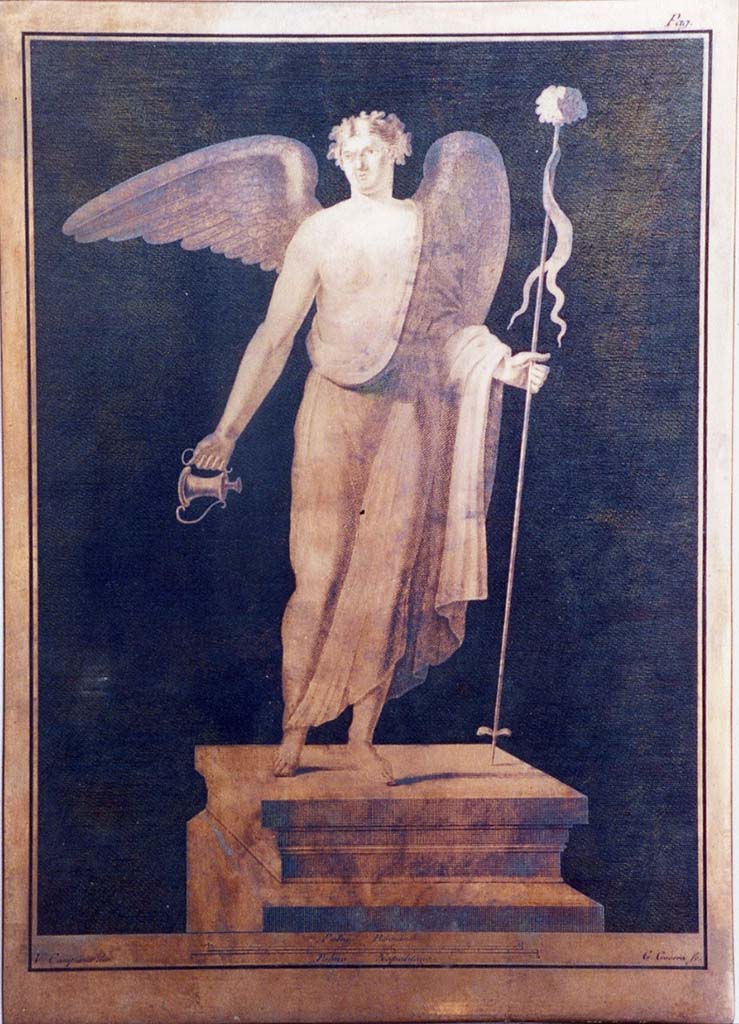 VI.17.25 Pompeii. Winged female figure with cup and thyrsus on pedestal. Drawing by Vincenzo Campana engraving by Giuseppe Guerra.
Now in Naples Archaeological Museum. Inventory number 350949.
Photo © ICCD. http://www.catalogo.beniculturali.it
Utilizzabili alle condizioni della licenza Attribuzione - Non commerciale - Condividi allo stesso modo 2.5 Italia (CC BY-NC-SA 2.5 IT)
The ICCD image is of a copper plate and has here been reversed to show the painting as it would have been on the wall and in print.
See Pagano, M. and Prisciandaro, R., 2006. Studio sulle provenienze degli oggetti rinvenuti negli scavi borbonici del regno di Napoli. Naples: Nicola Longobardi, p.77 and Rami Inediti 383.
See PAH, 1, 1, 305, copy above.