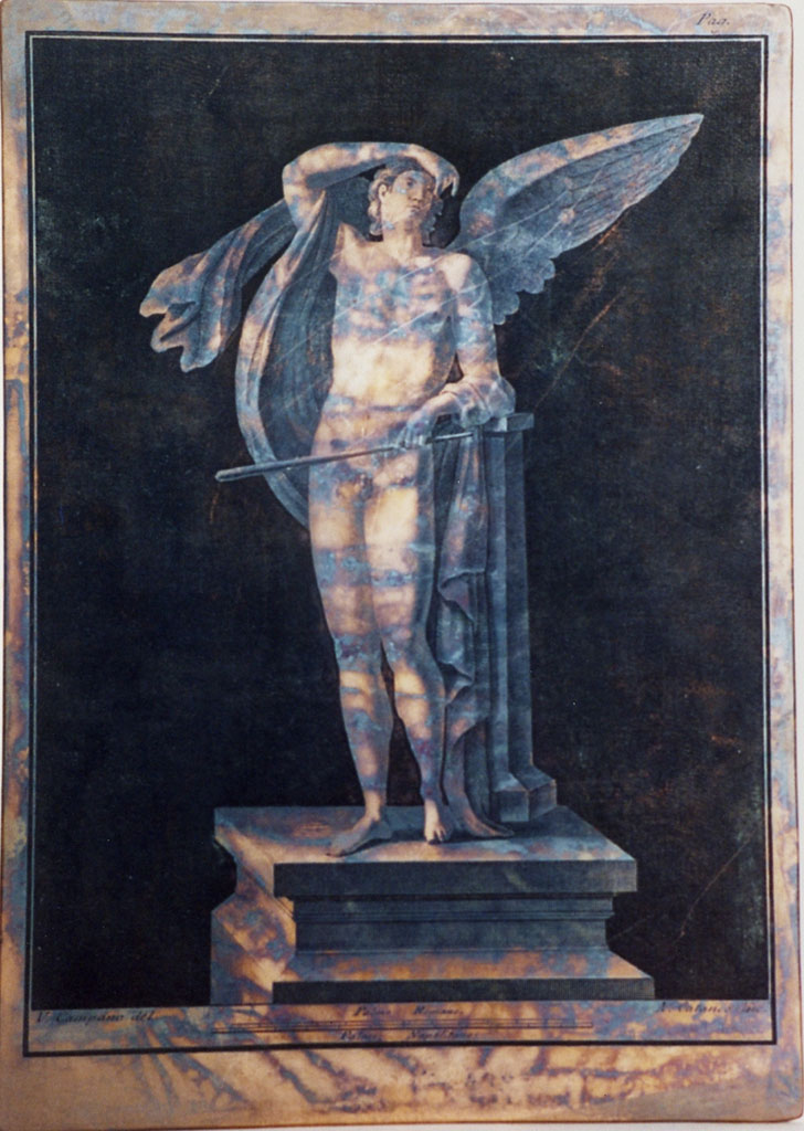 VI.17.25 Pompeii. Winged male figure with staff on pedestal. Drawing by Vincenzo Campana engraving by Aniello Cataneo.
Now in Naples Archaeological Museum. Inventory number 350979.
Photo © ICCD. http://www.catalogo.beniculturali.it
Utilizzabili alle condizioni della licenza Attribuzione - Non commerciale - Condividi allo stesso modo 2.5 Italia (CC BY-NC-SA 2.5 IT)
The ICCD image is of a copper plate and has here been reversed to show the painting as it would have been on the wall and in print.
See Pagano, M. and Prisciandaro, R., 2006. Studio sulle provenienze degli oggetti rinvenuti negli scavi borbonici del regno di Napoli. Naples: Nicola Longobardi, p.77 and Rami Inediti 386.
See PAH, 1, 1, 305, copy above.