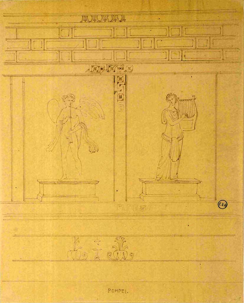 VI.17.15-18 Pompeii.
Sketch of wall with two figures in underground area, the male playing a horn and the female playing the harp.
See Lesueur, Jean-Baptiste Ciceron. Voyage en Italie de Jean-Baptiste Ciceron Lesueur (1794-1883), pl. 21.
See Book on INHA reference INHA NUM PC 15469 (04) « Licence Ouverte / Open Licence » Etalab