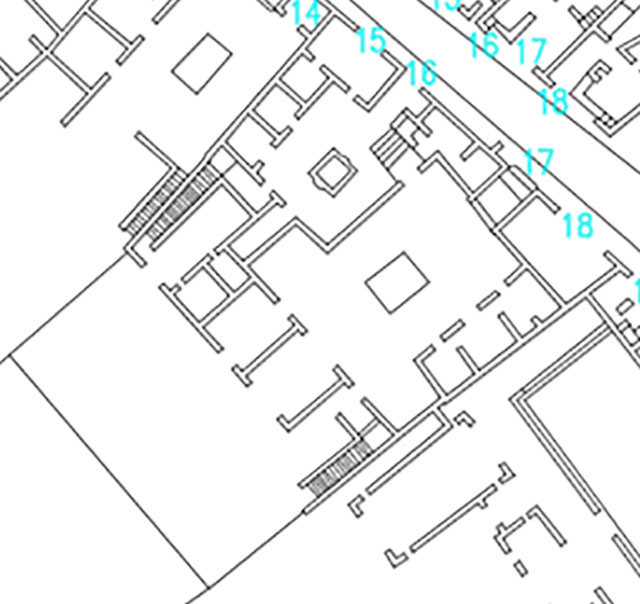 VI.17.15 shop, 16, and 17 entrances, 18 shop, combined plan.
Plan courtesy Dobbins, J. J. and Foss, P. W., 2008. The World of Pompeii. Oxford: Routledge, CDRom.
According to Fiorelli –
VI.17.15-18 – “Due case unite costituivano forse l’abitazione di una sola famiglia.
Esse avevano due ingressi separati sulla strada e due botteghe, stando in relazione tra loro per gli atrii, entrambi tuscanici, e ciascuno con tre cubicoli da un solo lato.
La prima inoltre no.16, teneva accanto allo ingresso la cucina, poco piu innanza la gradinata che la metteva in communicazione con la casa seguente, e nel fondo il triclinio, una seconda scalinata, e due oeci.
La seconda, casa no.17, che sembra la piu nobile, conteneva le ali, il tablino, due fauci, ed un’altra gradinata di discesa.
L’edificio poi era terminato nel piano piu alto con un loggiato, che ora era distrutto.
In uno dei pilastri che fronteggiano la strada leggevasi:
M . CERRINIVM
AED . SALINIENSIS
ROG ”)
See Fiorelli, G. (1875). Descrizione, (p.433)
See Pappalardo, U., 2001. La Descrizione di Pompei per Giuseppe Fiorelli (1875). Napoli: Massa Editore. (p.159)
(translation –
"Two united houses constituting perhaps the dwelling of a single family. They had two separate entrances on the roadway and two shops, linked to the atriums, both atriums were Tuscanic, and each with three cubicula only on one side.
The first No. 16, had the kitchen near to the entrance doorway, nearby were the the steps linking with the next house, and at the rear was the triclinium, a second stairway, and two oeci.
The second, house No. 17, which seemed the most noble, contained ala, the tablinum, two corridors, and another steps leading down. The building was finished on the highest floor with a loggia, which was now destroyed.
In one of the pillars that fronted onto the roadway, the following could have been read -
M . CERRINIVM
AED . SALINIENSIS
ROG ”)