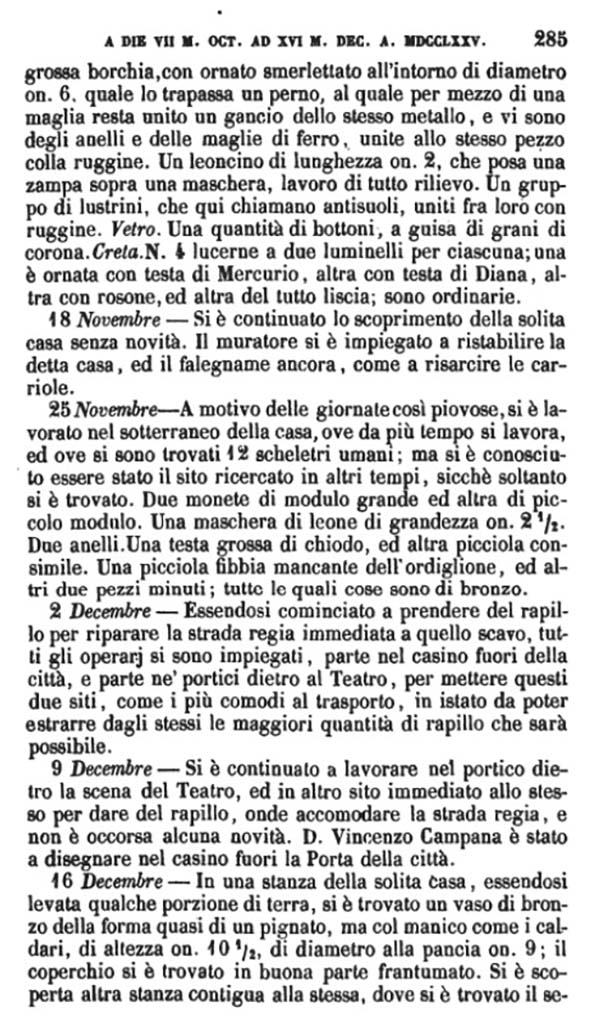 Copy of Pompeianarum Antiquitatum Historia 1, I, Page 285, November to December 1775