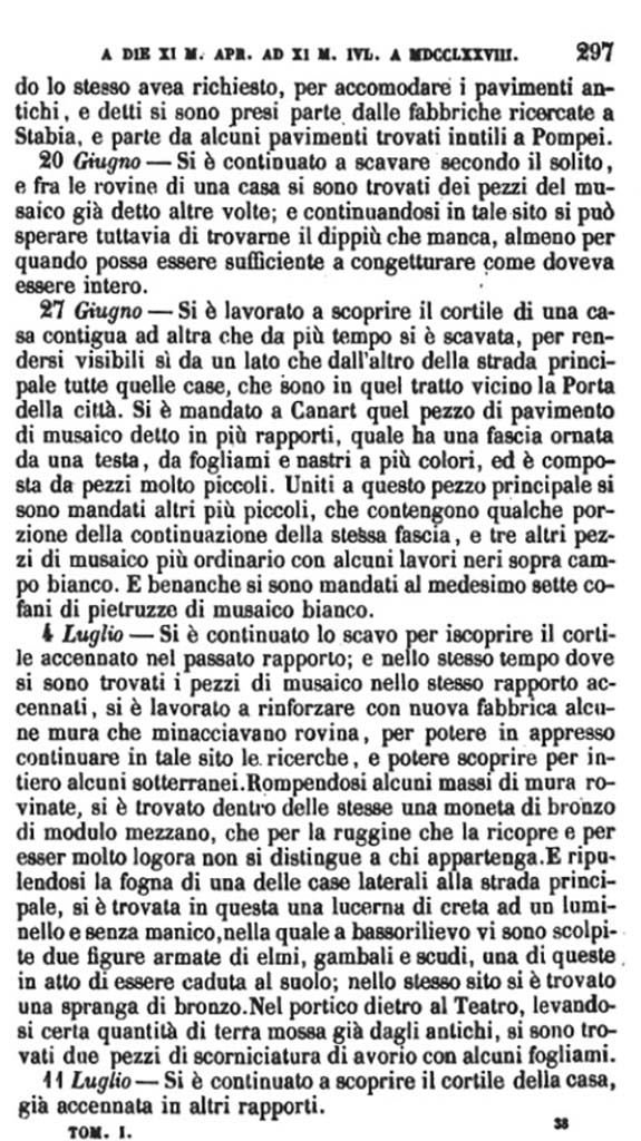 Copy of Pompeianarum Antiquitatum Historia 1, I, Page 297, June to July 1778.
