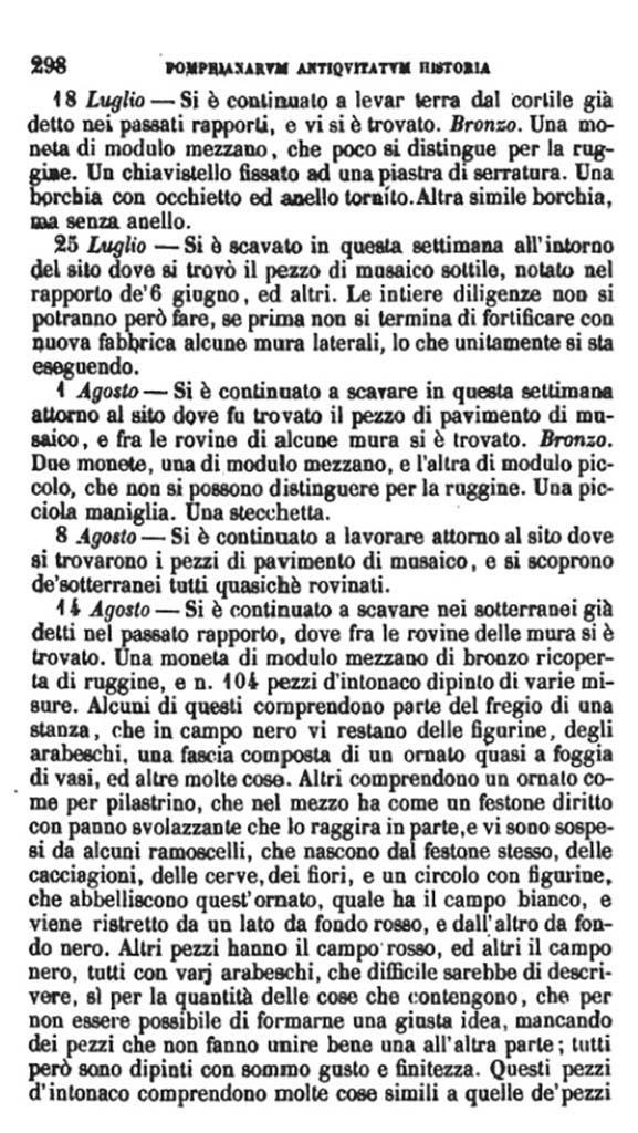 Copy of Pompeianarum Antiquitatum Historia 1, I, Page 298, July to August 1778.