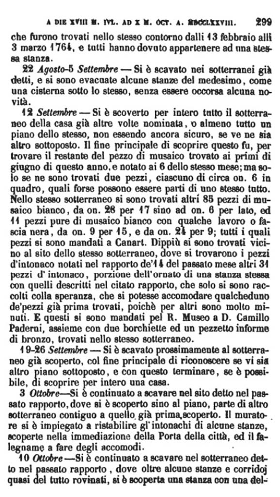 Copy of Pompeianarum Antiquitatum Historia 1, I, Page 299, August to October 1778.