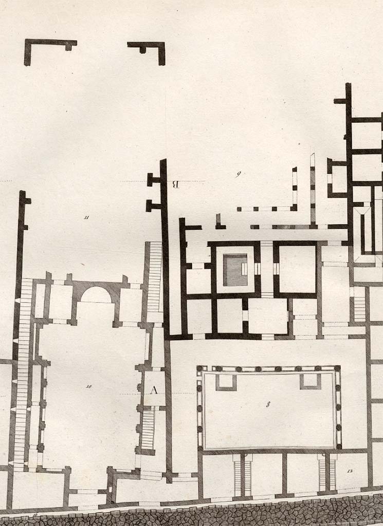 VI.17.26, on lower left, 25, 24, 23, 22, 21, 20 and 19, on lower right Pompeii. c.1804.
Detail from plan, entitled “General plan of the continuation of the road, and the buildings adjacent (opposite) to the House of the Surgeon.
(Note: this house is usually described as being “opposite the House of Acteon”.)
See Piranesi, F, 1804. Antiquités de la Grande Grèce : Tome II. Paris : Piranesi and Le Blanc, (Vol. II, Pl. XLIV).