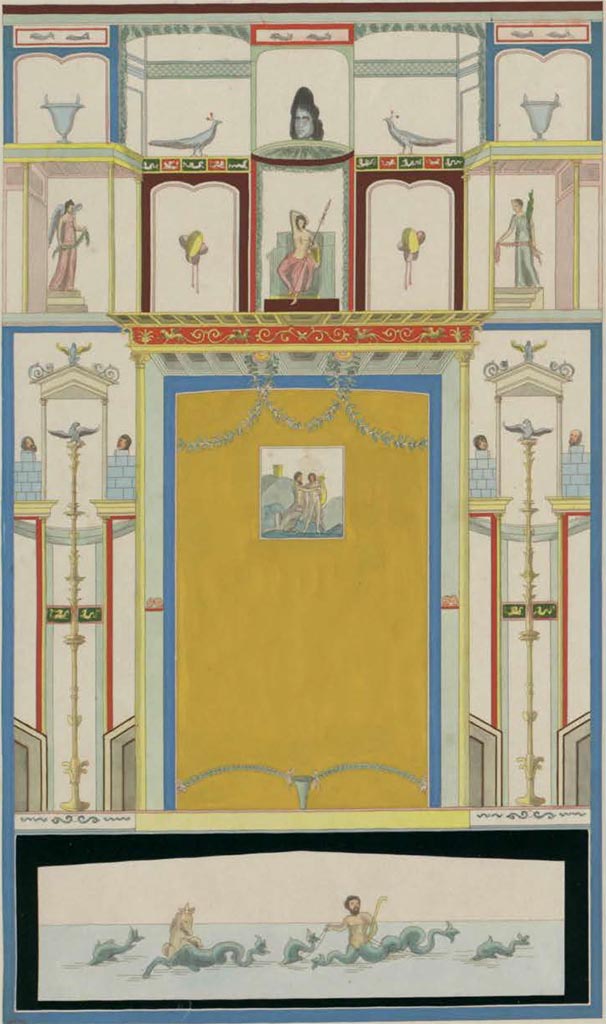 VI.17.25 Pompeii? C.1824?
This painting by Raoul Rochette is very similar to the above, but may even be from the Temple of Isis, or a nearby room.
See Fiorelli G., 1860. Pompeianarum antiquitatum historia, Vol. 1: 1748 - 1818, Naples, Pars Prima, p. 190 dated 19th July 1766.
According to Pagano and Prisciandaro, a painting was found 19th July 1766 –
3.“L’intonaco più grande dell’altro stanzino era diviso egualmente da due compartimenti: nel mezzo dell’inferiore, attorniato da una leggiera architettura e da alcuni ramoscelli, vi era un quadro di circa 1 pal. e ½ con un Chirone, che insegna a suonare la lira ad Achille, il quale non differisce dal già pubblicato nel I volume delle Antichità di Ercolano.
4. Nel mezzo del compartimento superiore vi era un giovane, che credo un bacco, nudo dalla mezza vita in sopra, coronato di palme, che tiene con la sinistra un tirso, il destro braccio lo appoggia sopra la testa, e sta assiso in un nobile sedile o letto con spalliera. Questa figura viene compresa da un’architettura, sopra la di cui cornice vi era una maschera,
5. dai lati vi sono due donne alate, una che porta una canestra di fiore ed un festone, e l’altra, che porta una palma ed un festone
(NAP 9204, AdE VII, 17, 79); il restante del compartimento era tutto in campo bianco, viene coronato da architetture grottesche e da ramoscelli e festoni, e da alcuni piccioli riquadri con paesini, e vi sono sospesi de’ nastri, de’ corni, de’ cembali, a de’ canestri.
(trans:
3."The larger stucco of the other room was divided equally by two compartments: in the middle of the lower, surrounded by a light architecture and some leaves/twigs, there was a picture of about 1 pal. and 1/2 with Chiron teaching Achilles to play the lyre, which does not differ from that already published in the first volume of the Antiquities of Herculaneum.
4. In the middle of the upper compartment there was a young man, who I believe to be Bacchus, naked from the middle waist upwards, crowned with palms, holding a thyrsus with his left hand, his right arm resting on his head, and sitting in a noble seat or bed with a back. This figure is included in an architecture, above whose frame there was a mask,
5. at the sides there are two winged women, one carrying a basket of flowers and a garland, and the other, carrying a palm tree and a garland (NAP 9204, AdE VII, 17, 79); the rest of the compartment was all on a white background, crowned with grotesque architectures and leaves/twigs and garlands, and with some small panels of landscapes, and there are ribbons, horns, cymbals and baskets suspended.)
See Pagano, M. and Prisciandaro, R., 2006. Studio sulle provenienze degli oggetti rinvenuti negli scavi borbonici del regno di Napoli. Naples: Nicola Longobardi. (p.57), with reference to PAH, I, 1, 190.