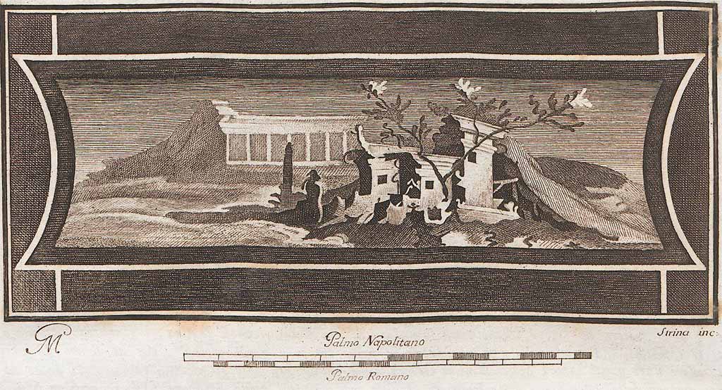 VI.17.25 Pompeii? Found on 29th September 1764 along with 14 other pictures in the Masseria di Don Giacomo Irace.
Wall painting of country scene.
See Antichità di Ercolano: Tomo Setto: Le Pitture 5, 1779, p. 13.