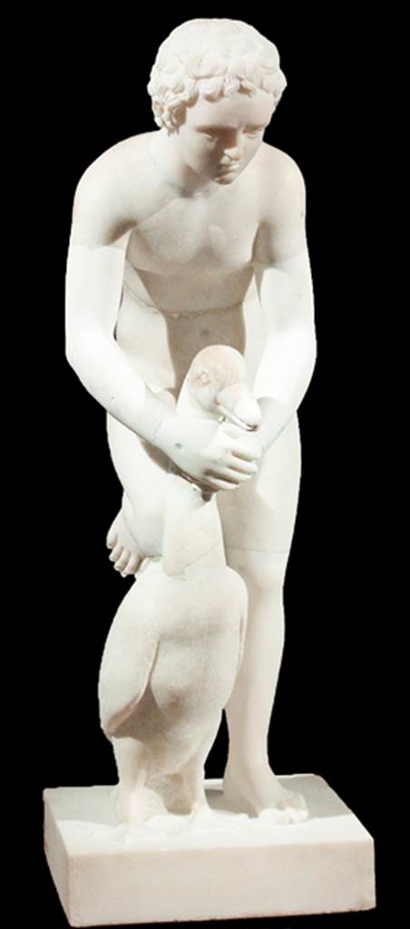 VI.17.23 Pompeii. Second peristyle. Marble fountain statuette of a boy with a goose.
Now in Naples Archaeological Museum. Inventory number 6111.
The marble fountain statuette of a boy with a goose reported as being from this house would have been a garden decoration.
See Jashemski, W. F., 1993. The Gardens of Pompeii, Volume II: Appendices. New York: Caratzas. (p.165, and plan)
See SAP no.26, Carrella, A; D’Acunto, L.A; Inserra, N and Serpe, C. (2008). Marmorea Pompeiana nel Museo Archeologico Nazionale di Napoli, p.101-102, and B37.
See Fiorelli, G. (1860): Pompeianarum Antiquitatum Historia, Vol 1, 1748-1818, (extracts from 1778, below)
