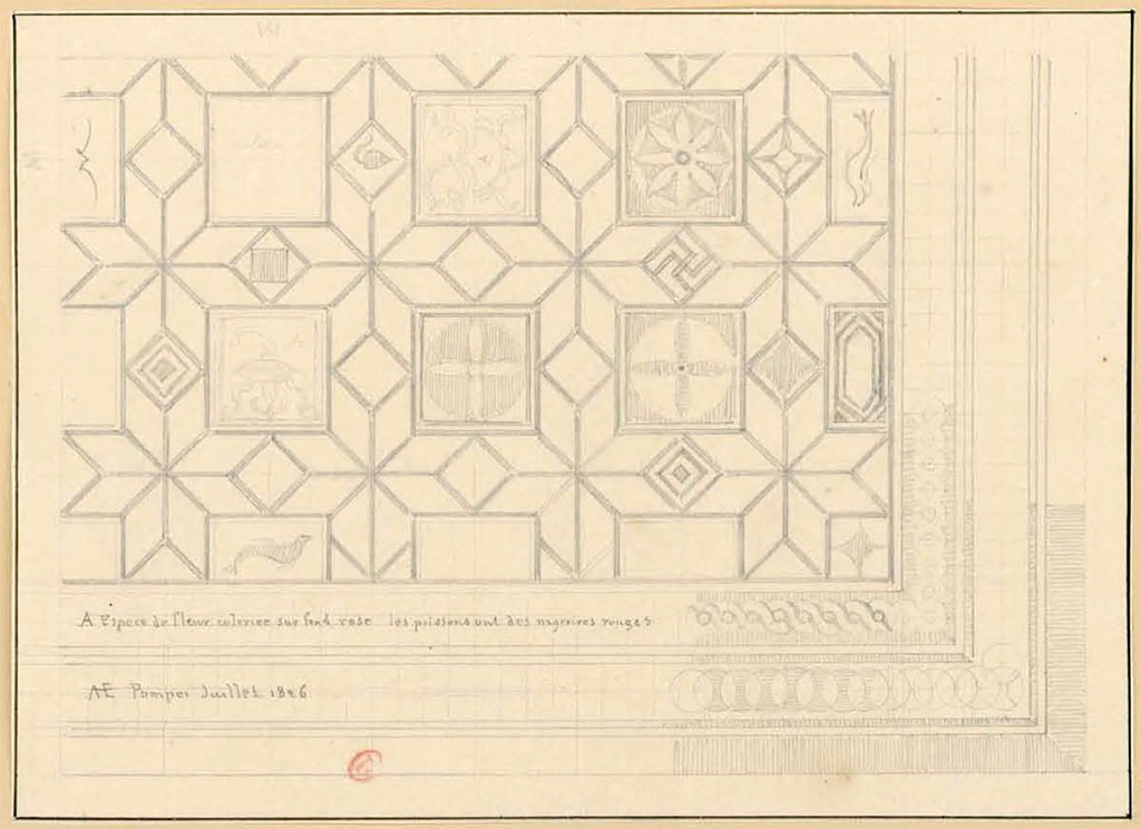 VI.17.25 or VI.17.36, Pompeii. July 1826. Sketch by P.A. Poirot of part of the Acteon mosaic
See Poirot, P. A., 1826. Carnets de dessins de Pierre-Achille Poirot. Tome 2 : Pompeia, pl. 77.
See Book on INHA Document placé sous « Licence Ouverte / Open Licence » Etalab