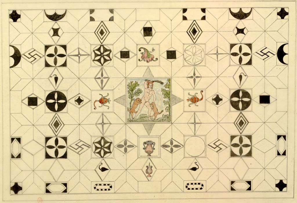 VI.17.25 or VI.17.36, Pompeii. Mosaic floor as drawn by Antoine-Marie Chenavard, c.1817.
See Chenavard, Antoine-Marie (1787-1883) et al. Voyage d'Italie, croquis Tome 3, pl. 102.
INHA Identifiant numérique : NUM MS 703 (3). See Book on INHA
Document placé sous « Licence Ouverte / Open Licence » Etalab