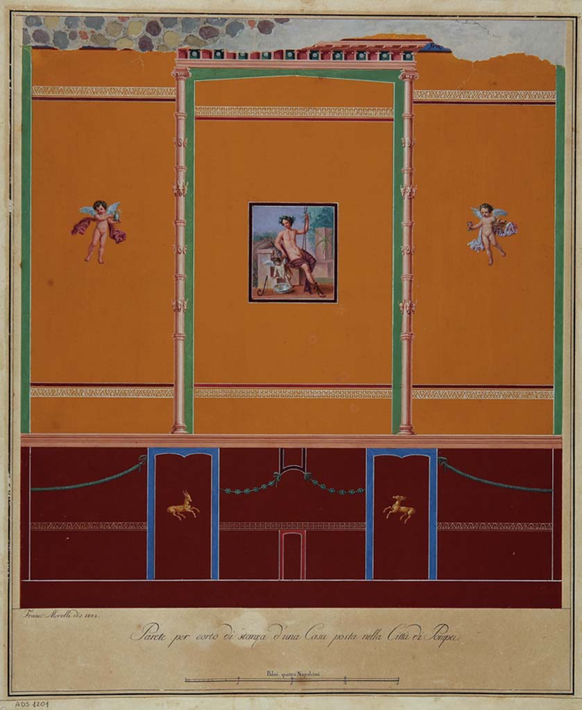 VI.17.25 or VI.17.32/36 Pompeii. Drawing by Francesco Morelli, of the short wall of a room. (1808).
Now in Naples Archaeological Museum. Inventory number ADS 1201.
Photo © ICCD. http://www.catalogo.beniculturali.it
Utilizzabili alle condizioni della licenza Attribuzione - Non commerciale - Condividi allo stesso modo 2.5 Italia (CC BY-NC-SA 2.5 IT)
According to Bragantini, the wall reproduced here cannot be accurately identified, but is probably the one containing “the figure of a seated man with cupid”.
See PAH I, 3, p.4.
The room was excavated 15th May 1808 in the presence of Giuseppe Bonaparte, and from 25th to the 30th November 1808, Morelli had applied himself to take the whole of the decoration.
See Bragantini, I. In Carratelli, G., 2003. Pompei: la documentazione nell’opera di disegnatori e pittori dei secoli XVIII e XIX. Roma: Treccani, (p.96-7)