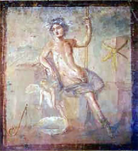 VI.17.25 or 36 Pompeii. Painting of a sitting man with a small cherub.
Now in Naples Archaeological Museum. Inventory number 9382.
See Helbig, W., 1868. Wandgemälde der vom Vesuv verschütteten Städte Campaniens. Leipzig: Breitkopf und Härtel, 1357.