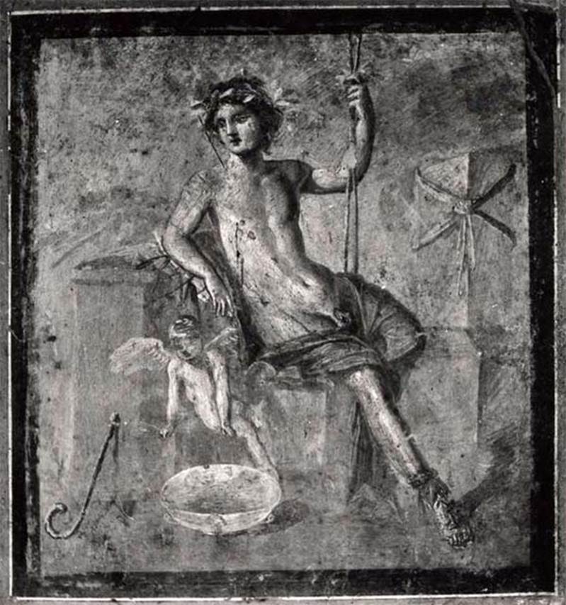 VI.17.25 or 36 Pompeii. Old undated photograph of painting of a sitting man with a small cherub.
Now in Naples Archaeological Museum. Inventory number 9382.
See Helbig, W., 1868. Wandgemälde der vom Vesuv verschütteten Städte Campaniens. Leipzig: Breitkopf und Härtel, 1357.