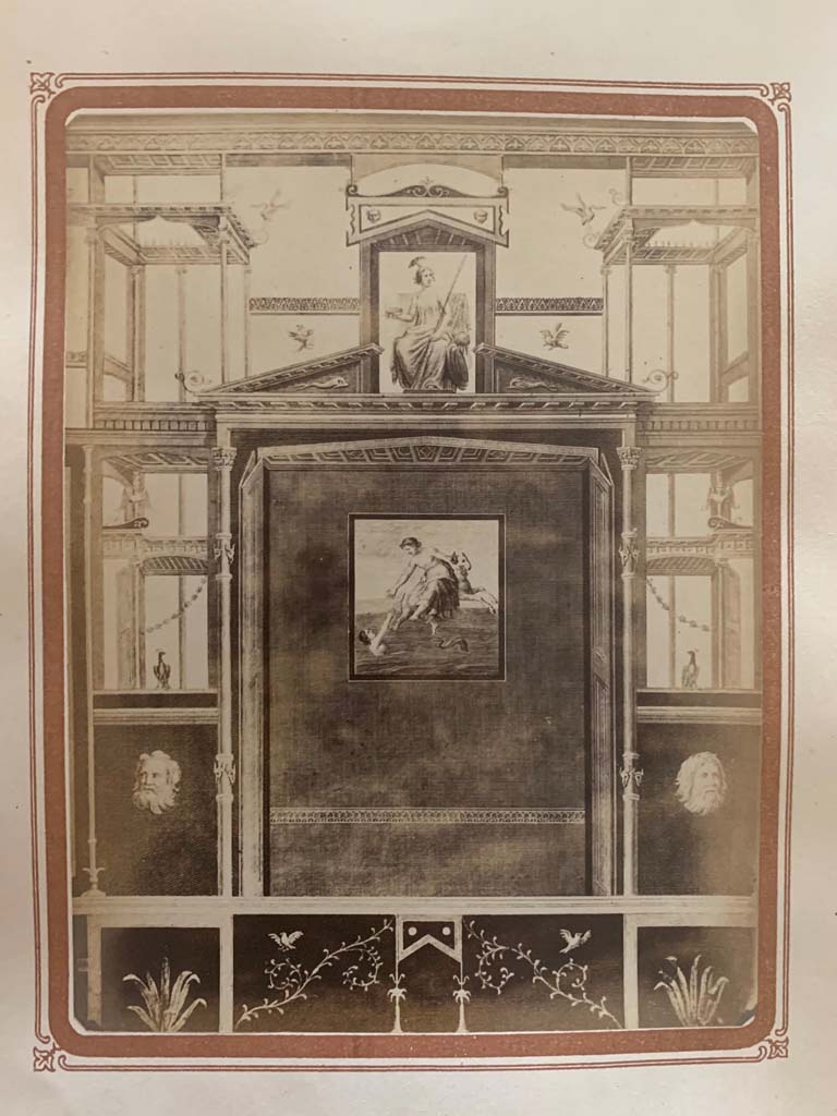 VI.17.36 or VI.17.25, Pompeii. From an album by Roberto Rive, dated 1868.
Central part of the long wall of a room with central painting of Phrixus and Helle. Photo courtesy of Rick Bauer.