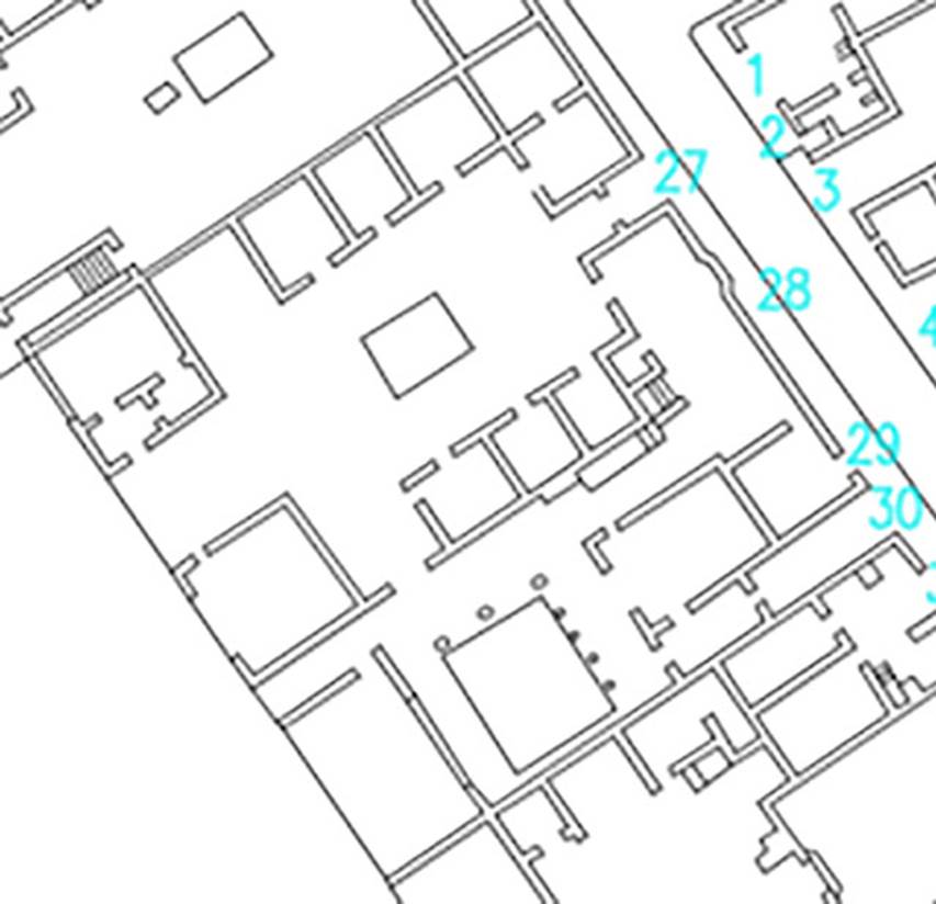 VI.17.27 Pompeii. Plan of VI.17.27, 28, 29 and 30.
Based on Dobbins, J. J. and Foss, P. W., 2008. The World of Pompeii. Oxford: Routledge, CDRom.
According to Fiorelli –
VI.17.27-30, “La casa appresso, deformata per l’aggiunta di fabbriche moderne, aveva oltre il vestibolo ed il protiro due grandi celle ai lati della porta, con discesa dalla via nella sottostante cantina. Il suo atrio tuscanico, tenendo tre cubicoli ed un’ala da ciascun lato, mostrava in fondo il tablino, cui erano adiacenti un oecus e due cubicoli, preceduti da una cella che loro serviva di vestibolo.
Dall’ala meridionale entravasi poi nel giardino,il cui portico schiudeva il varco ad un’exedra, ad un triclinio, ad una apotheca, alla cucina, ad una gradinata per montare di sopra, e ad altre celle annesse, da una delle quali potevasi entrare nell’atrio, e da altra pervenire alla fauce, che menava alla porta secondaria della casa.”
See Fiorelli, G. (1875). Descrizione, (p.434)
See Pappalardo, U., 2001. La Descrizione di Pompei per Giuseppe Fiorelli (1875). Napoli: Massa Editore. (p.159)
(translation -
“VI.17.27-30. The house, deformed by the addition of a modern building, had apart from the vestibule and the entrance corridor, two large rooms on either side of the doorway, with descent from the roadway into the cellar below. Its Tuscan atrium, with three cubicula and an ala on each side, showed the tablinum at the rear, adjacent to which were an oecus and two cubicula, preceded by a room that was used as a vestibule.
From the south ala, one could enter into the garden area, whose portico had the doorway to an exedra, and to a triclinium, and to an apotheca, to the kitchen, and to a staircase to go up above, and to other adjoining rooms, from one of which one could enter into the atrium, and from the other to the fauces, which lead to the secondary doorway of the house.”