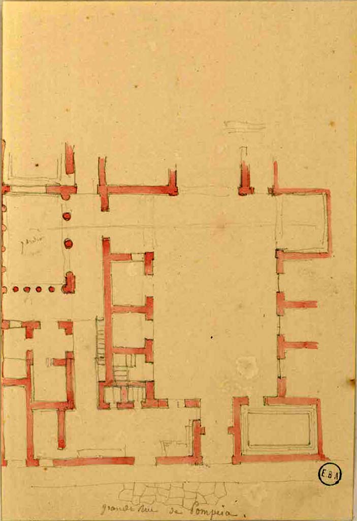 VI.17.27 Pompeii. Sketch by Lesueur of plan, with house entrance on west side of Via Consolare.
See Lesueur, Jean-Baptiste Ciceron. Voyage en Italie de Jean-Baptiste Ciceron Lesueur (1794-1883), pl. 20.
See Book on INHA reference INHA NUM PC 15469 (04) « Licence Ouverte / Open Licence » Etalab