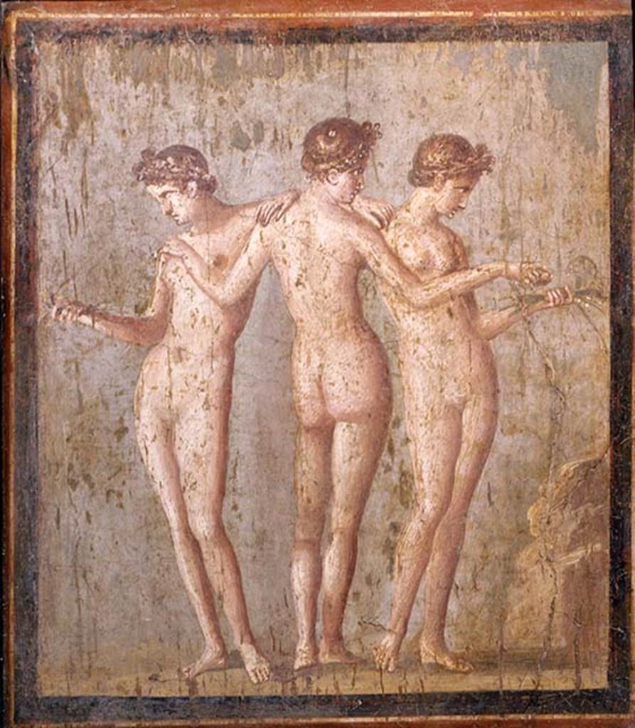 VI.17.31 Pompeii. Found on 12 July 1760. Painting of the three graces.
This was found in VI Ins Occ and may have been from one of VI.17.31-36.
Now in Naples Archaeological Museum. Inventory number 9231.
See Pagano, M. and Prisciandaro, R., 2006. Studio sulle provenienze degli oggetti rinvenuti negli scavi borbonici del regno di Napoli. Naples: Nicola Longobardi, p. 35.
See Antichità di Ercolano: Tomo Terzo, 1762, p. 57-61, pl. 11.
According to Mattusch, this may be from VI.17.west: 31?
See Mattusch C., 2008. Pompeii and the Roman Villa. Thames and Hudson, p. 243.