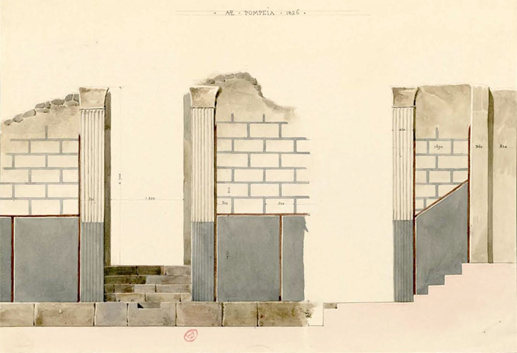 VI.17.32 Pompeii. 1826. Watercolour sketch by P.A. Poirot, of entrance doorway and painted stucco of facade. 
According to PAH, the external fa�ade of this house was clad with white stucco, with squarings imitating large stones, and between them were seen distinct lines coloured blue.
See Poirot, P. A., 1826. Carnets de dessins de Pierre-Achille Poirot. Tome 2 : Pompeia, pl. 74.
See Book on INHA  Document plac� sous � Licence Ouverte / Open Licence � Etalab 
